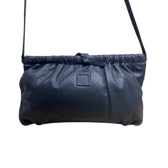 Anne Klein For Calderon Grey Leather With Drawstring Detail Crossbody Bag Sz S - Picture 1 of 9